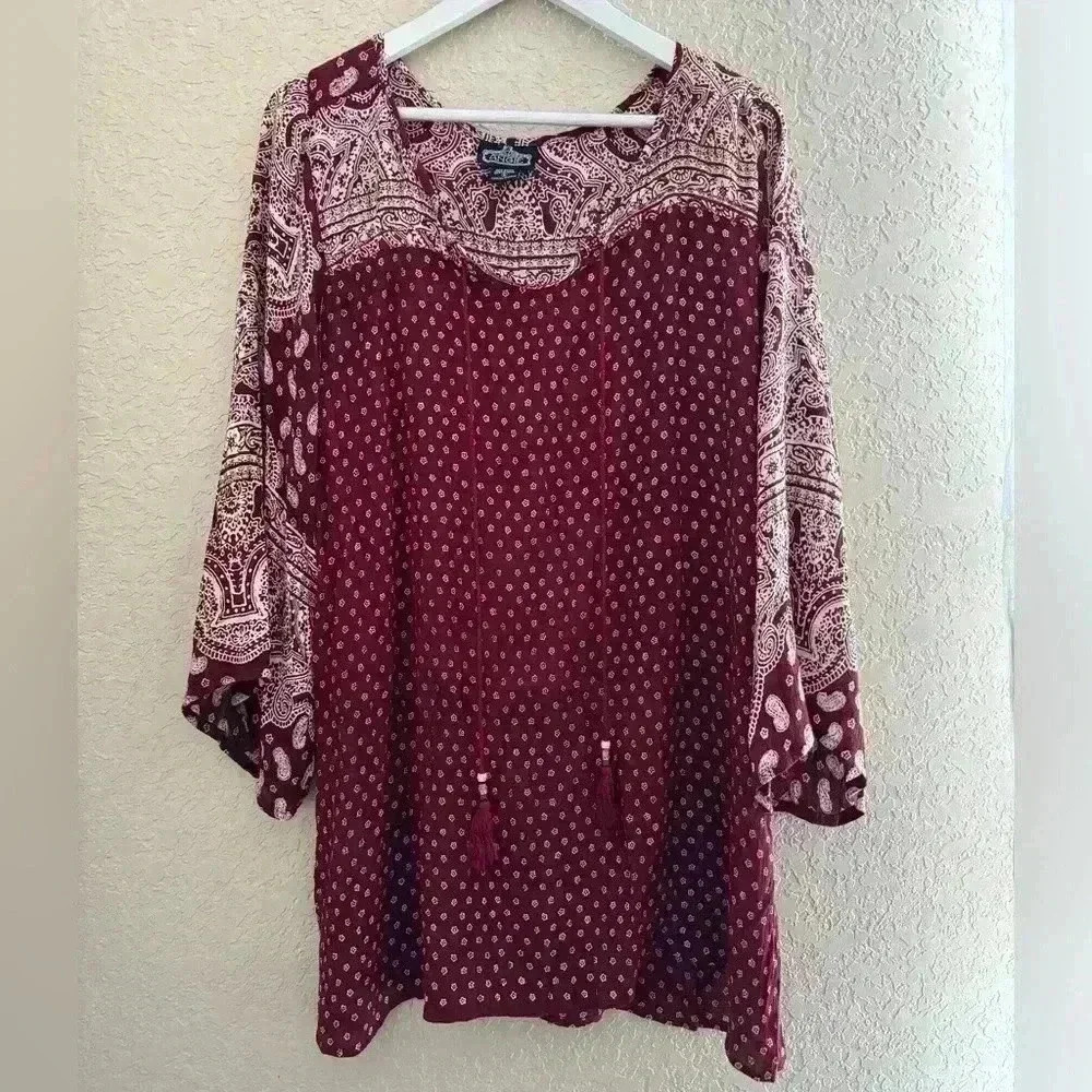 Angie Boho Mini Dress S Maroon Red Paisley Western Rodeo Casual Flowy Feminine